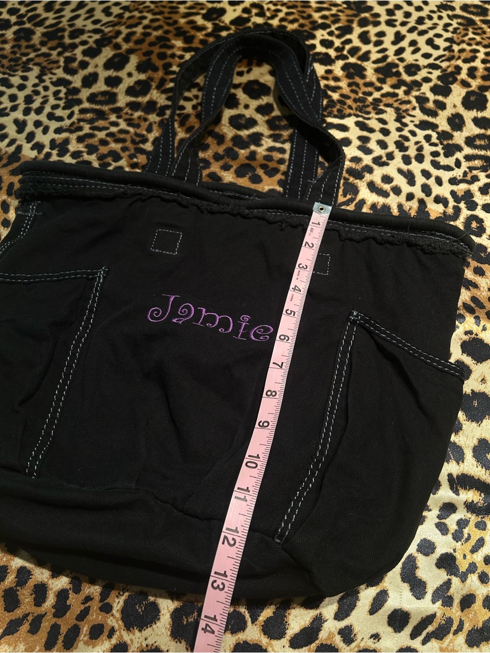 Thirty-One Black Distressed Tote Bag with “Jamie” Embroidered in Purple - Picture 7 of 7